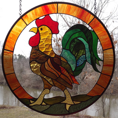 L.B. Le coq des coqs, vitrail 17'' diam.